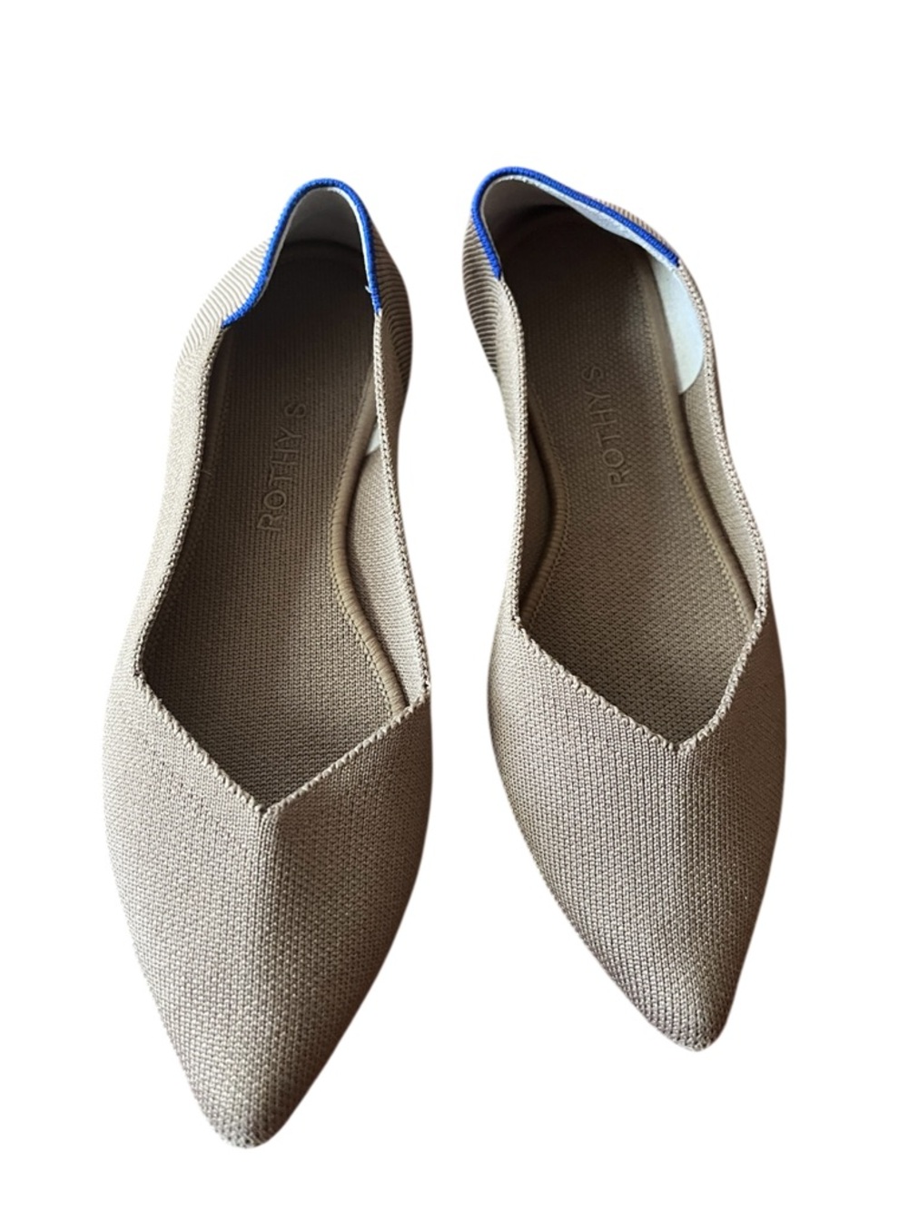 Rothy's Tan Pointed Knit Flats with Blue Trim size 8.5w
